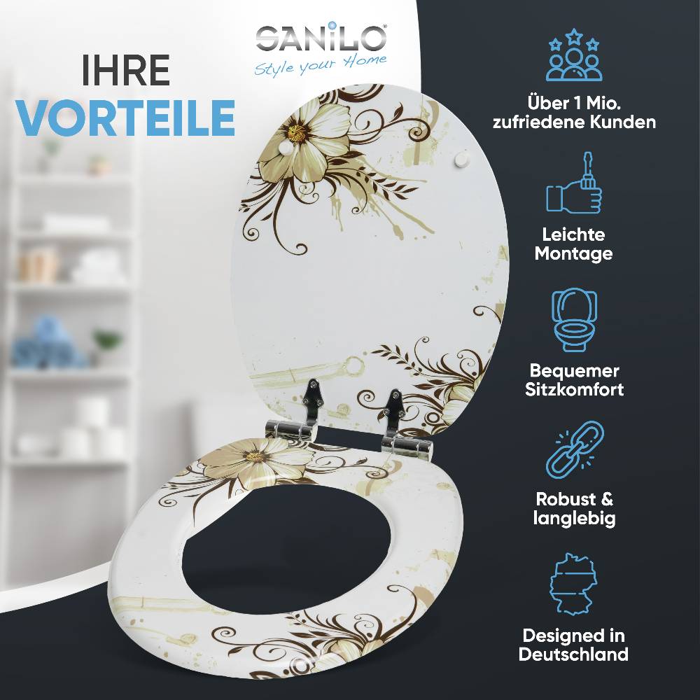 Sanilo WC-Sitz mit Absenkautomatik Flower - Premium Toilettendeckel direkt vom Hersteller Super Sparpreis