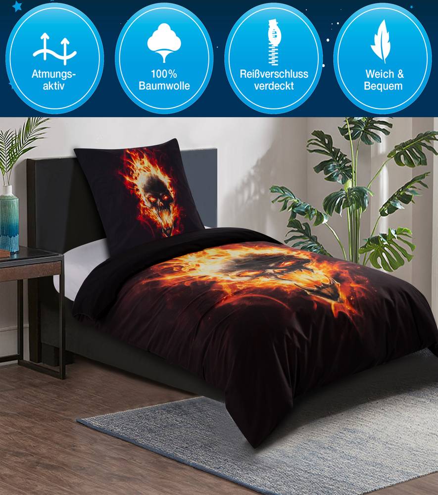Sanilo Bettwäsche Totenkopf in Flammen 135 x 200 cm Kostenloser Versand international