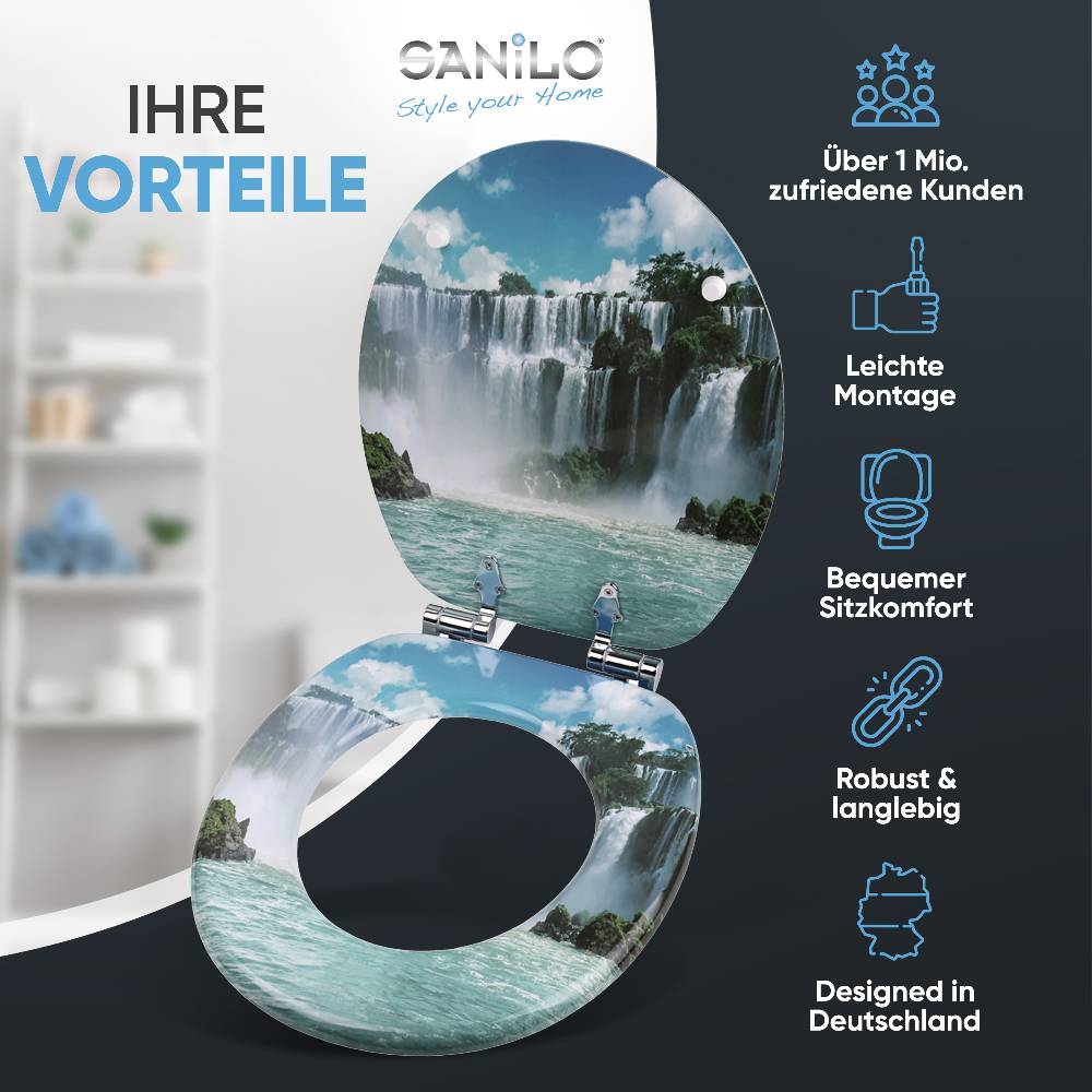 Sanilo WC-Sitz mit Absenkautomatik Wasserfall - Premium Toilettendeckel direkt vom Hersteller