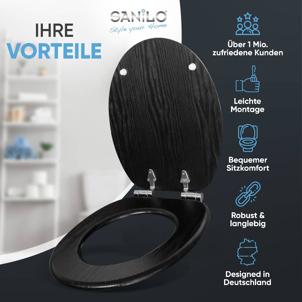 Sanilo WC-Sitz mit Absenkautomatik Black Wood - Premium Toilettendeckel direkt vom Hersteller Bestseller