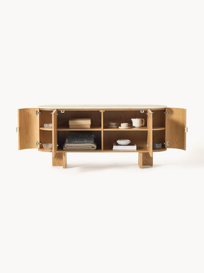 Westwing Collection Holz-Sideboard Zumi mit abgerundeten Ecken und Travertinplatte Neueste Stile