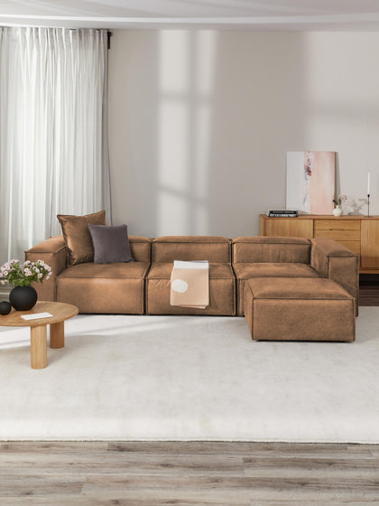 Westwing Collection Modulares Sofa Lennon (4-Sitzer) aus recyceltem Leder mit Hocker (links/rechts) Fabrikladen