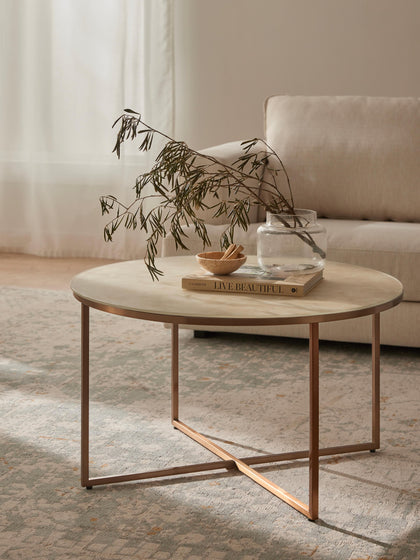 Westwing Collection Runder Couchtisch Antigua mit Glasplatte in Marmor-Optik Schlussverkauf