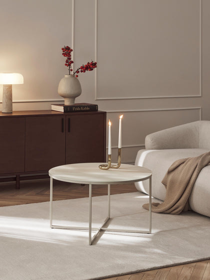 Westwing Collection Runder Couchtisch Antigua mit Glasplatte in Travertin-Optik Cyber Monday