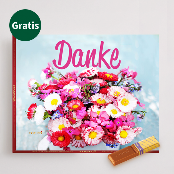 floraprima Danke-Set mit Blumenstrauß Merci Schokolade Grußkarte sowie mit Vase Im Verkauf